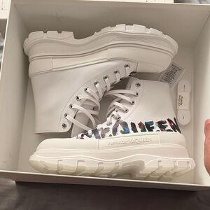 Alexander McQueen White and Leopard Print High-Top Sneakers